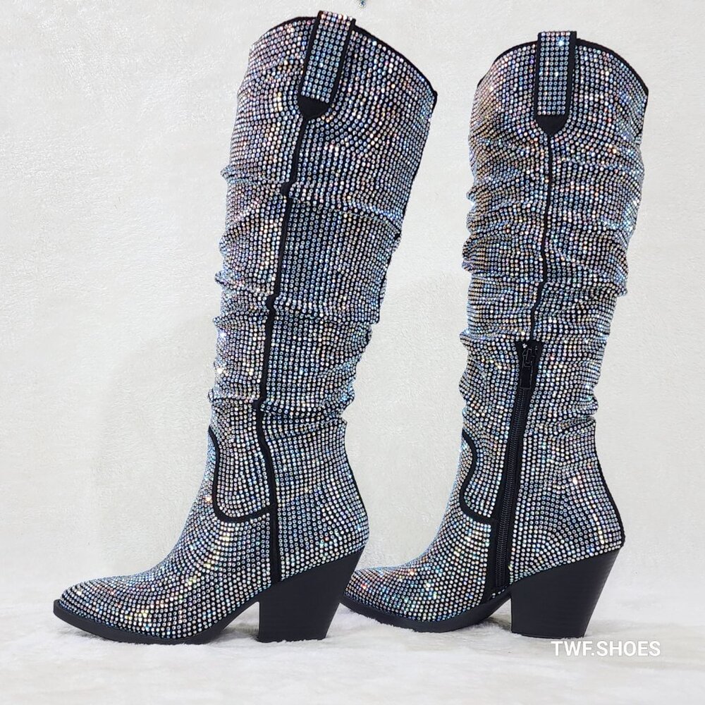 Angel Rider Iridescent Rhinestones Glam Western Cowgirl Slouch Knee Boots New